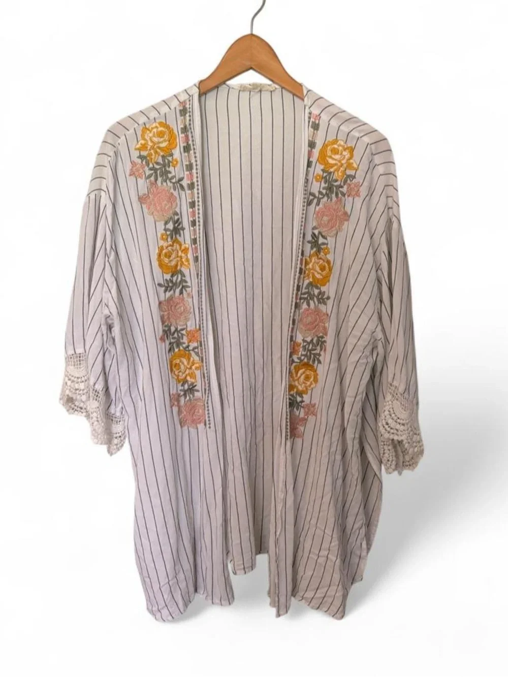 Entro Striped Embroidered Floral Kimono - White with Yellow & Pink Roses L